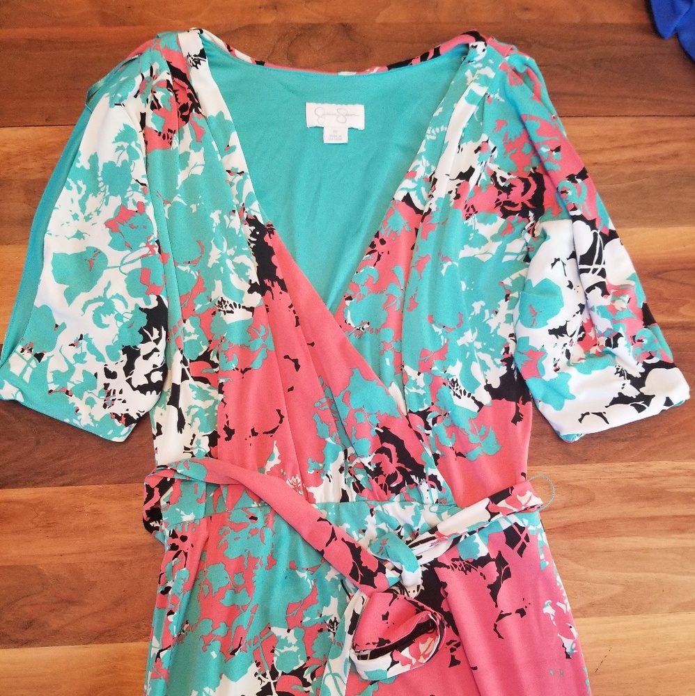 Faux Wrap Mini Dress Jersey XS Turquoise Vacation